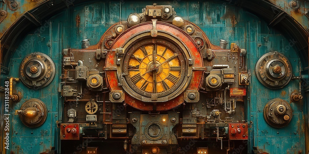 Fototapeta premium Industrial steampunk clockwork mechanism on a weathered blue wall in a retro-futuristic setting