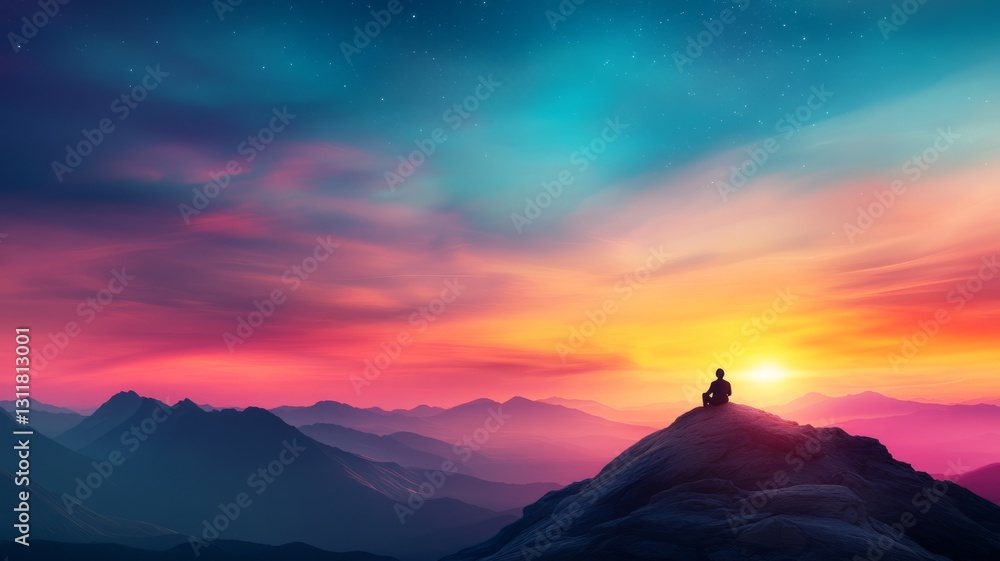 Serene Sunset Over Mountains with Person Meditating in Tranquil Atmosphere Serene Sunset Over Mountains with Person Meditating in Tranquil Atmosphere