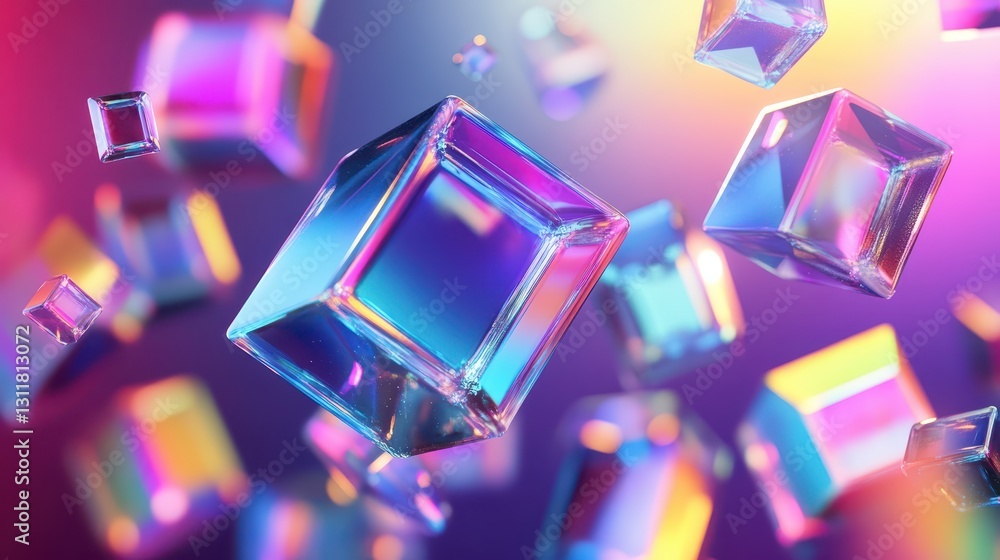 Floating abstract prisms with vibrant colors and pixelated dot overlays, futuristic and stylish Floating abstract prisms with vibrant colors and pixelated dot overlays, futuristic and stylish