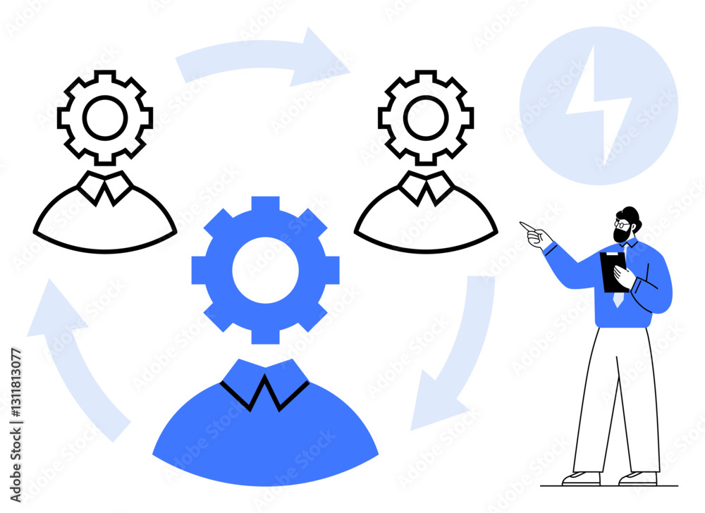 Gear-headed figures symbolizing collaboration, interconnected by arrows, with a professional presenting. Ideal for teamwork, workflow, leadership, management, brainstorming, innovation flat simple Gear-headed figures symbolizing collaboration, interconnected by arrows, with a professional presenting. Ideal for teamwork, workflow, leadership, management, brainstorming, innovation flat simple
