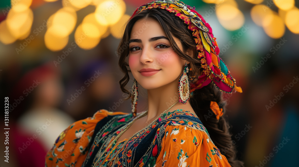 Fototapeta premium Young woman in traditional attire smiles at a colorful festival, bright lights twinkling in the background during a lively cultural celebration
