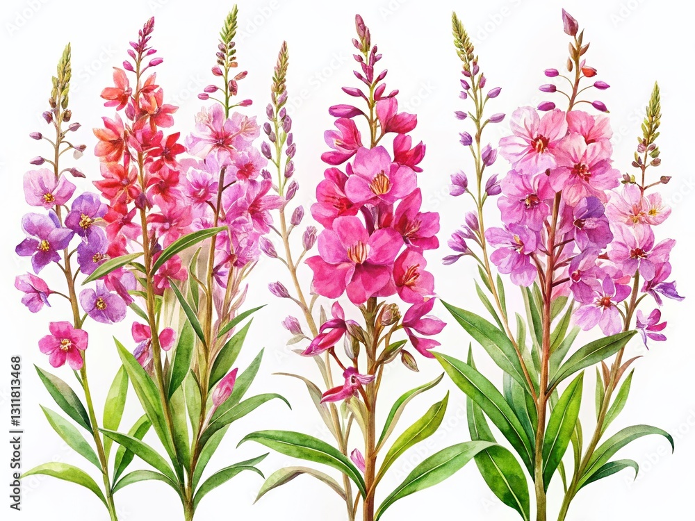 Naklejka premium Watercolor Wildfireweed Flowers, Floral Botanical Illustration, Isolated Field Flowers, Pink Purple Blooms, Nature Art