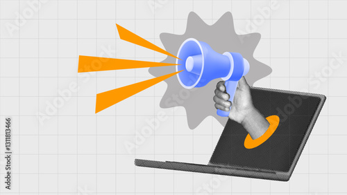 halftone collage, Digital marketing concept with a megaphone emerging from a laptop. online ads, social media, brand promotion, and viral content strategies