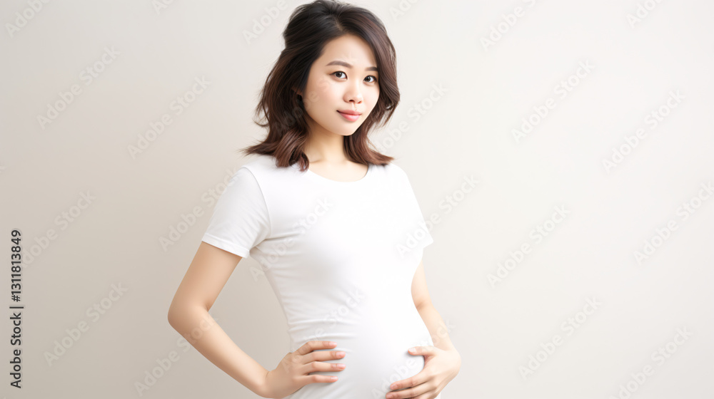 A pregnant woman of Asian appearance, captured in a photo for stock, with space for text.
A pregnant woman of Asian appearance, captured in a photo for stock, with space for text.