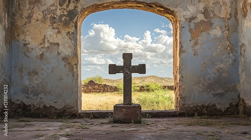 Historic cross near old Tumacacori building photo