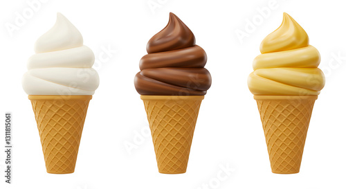 Set of ice cream cones with vanilla, chocolate, and strawberry scoops on wafer cones, isolated on white background, perfect for a refreshing summer dessert