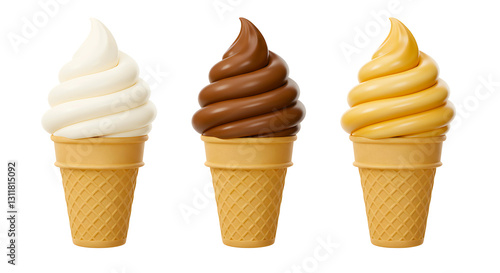 Set of ice cream cones with vanilla, chocolate, and strawberry scoops on wafer cones, isolated on white background, perfect for a refreshing summer dessert