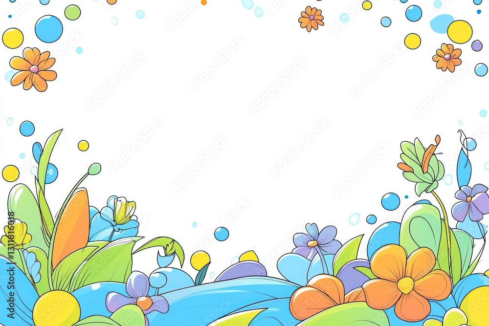 Flowers flourish in garden, surrounded by bubbles and blank background Flowers flourish in garden, surrounded by bubbles and blank background