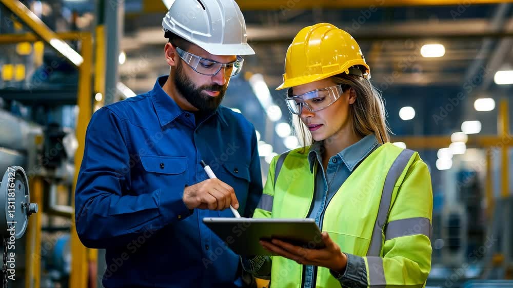 Engineers using a tablet to assess machinery in a bustling industrial setting. Engineers using a tablet to assess machinery in a bustling industrial setting.