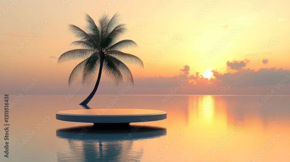 Palm Tree on Platform in Ocean at Golden Sunset Calm Vacation Palm Tree on Platform in Ocean at Golden Sunset Calm Vacation