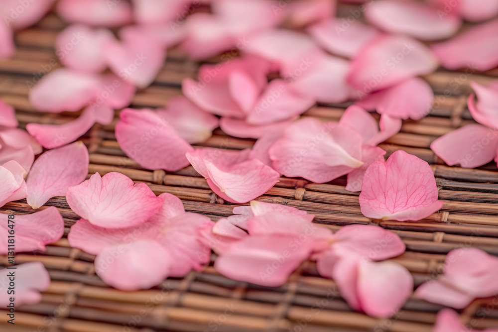 Delicate Pink Petals on Woven Mat Serenity and Beauty Delicate Pink Petals on Woven Mat Serenity and Beauty