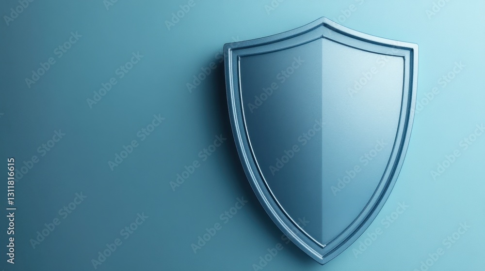 Metallic blue shield on a soft turquoise background symbolizes protection, security, defense, and safety in a modern minimalist design Metallic blue shield on a soft turquoise background symbolizes protection, security, defense, and safety in a modern minimalist design