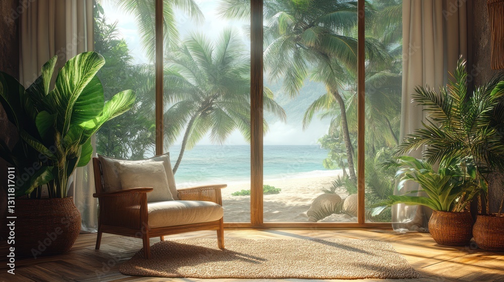 Fototapeta premium Rustic wooden armchair in a tropical beach house, floor-to-ceiling window showcasing swaying palm trees and golden sand