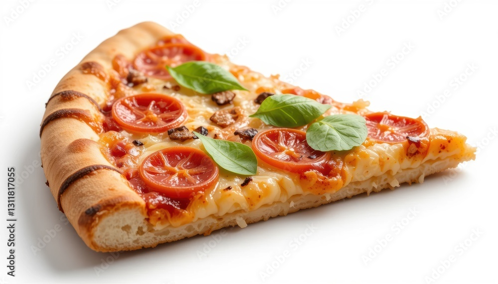 Delicious slice of pizza topped with fresh tomatoes, basil leaves, and savory ingredients on clean white background Delicious slice of pizza topped with fresh tomatoes, basil leaves, and savory ingredients on clean white background