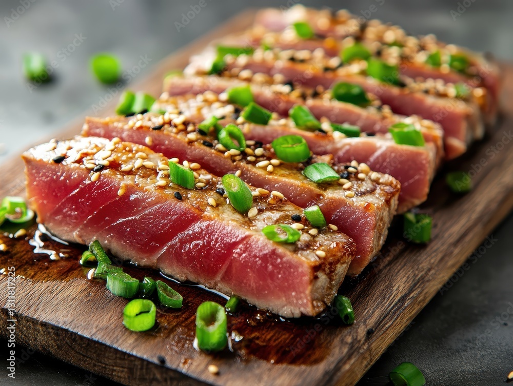 Sliced seared tuna steak on wooden serving board garnished with sesame seeds and chopped green onions in delicious presentation, ideal for culinary photography Sliced seared tuna steak on wooden serving board garnished with sesame seeds and chopped green onions in delicious presentation, ideal for culinary photography