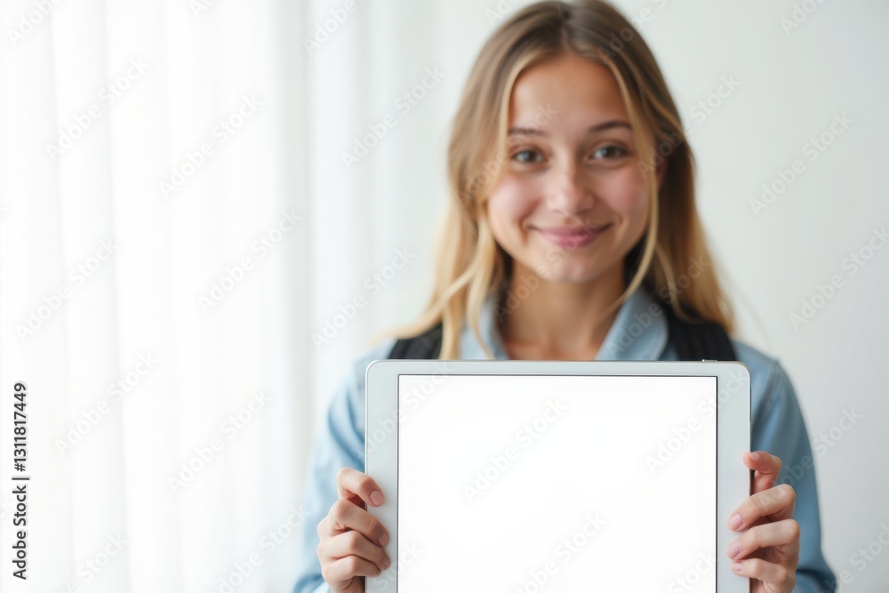 Cheerful woman displays tablet in well-lit space Cheerful woman displays tablet in well-lit space