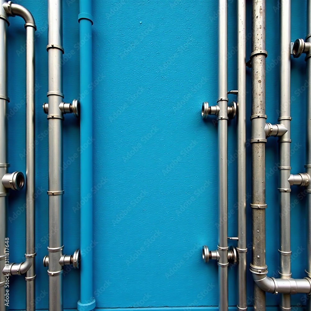 Modern blue building facade with metallic pipes and industrial design elements, facade, exterior Modern blue building facade with metallic pipes and industrial design elements, facade, exterior