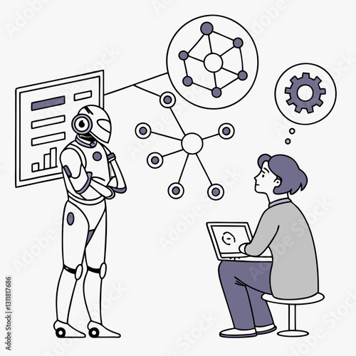 AI decision making concept with robot and person analyzing data