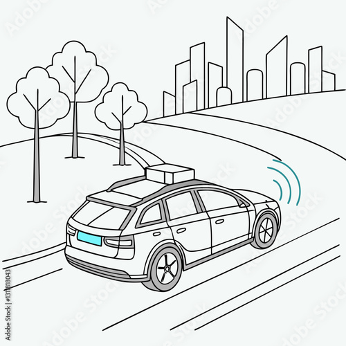 AI powered car driving on a scenic road with city backdrop