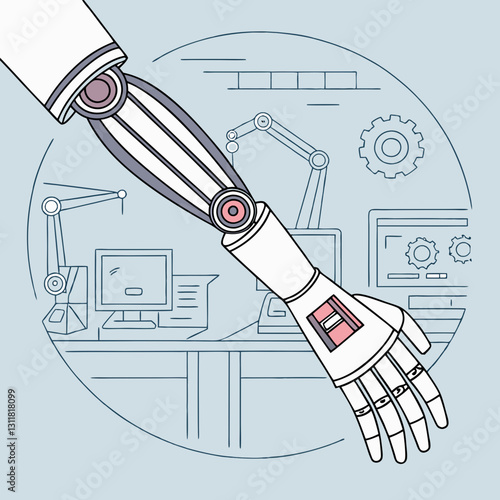 AI powered prosthetic limb in a modern tech workspace
