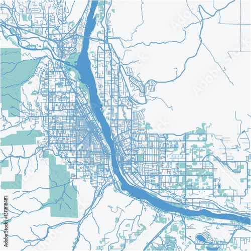 Map of Wenatchee in Washington in a professional blue style. Contains layered vector with roads water, parks, etc.