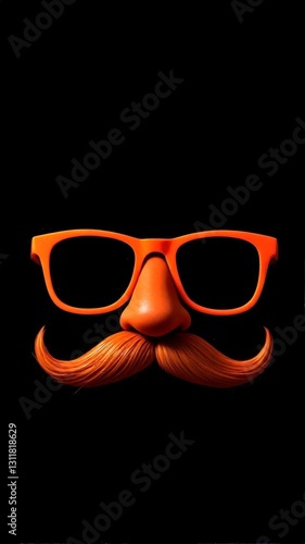 April Fools’ Day. The orange fake nose, mustache, and glasses create a comical disguise against a black background, representing humor, disguise, and playful anonymity