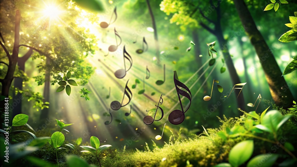 Whimsical Animated Music Notes Dance in a Lush Green Forest - Magical Nature Stock Photo Whimsical Animated Music Notes Dance in a Lush Green Forest - Magical Nature Stock Photo