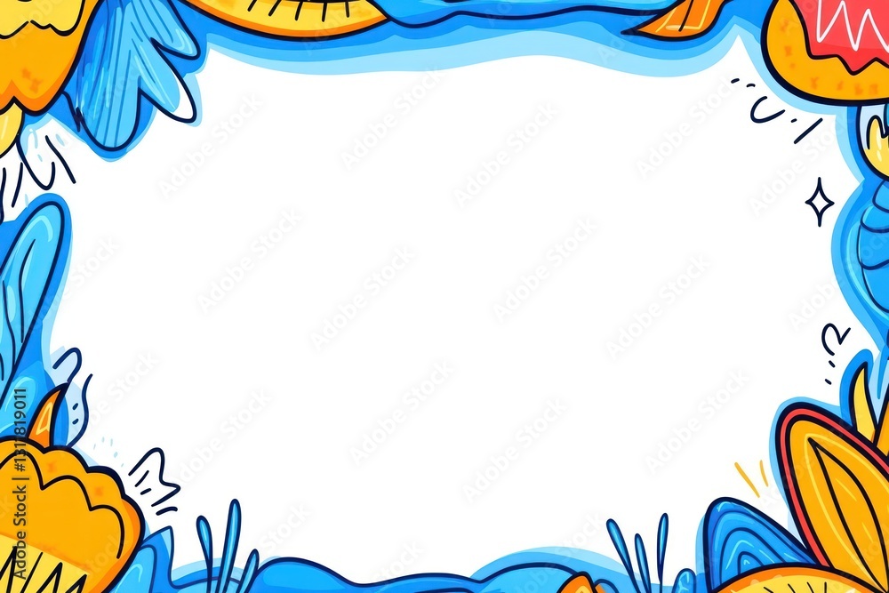 Fototapeta premium Frame Colorful doodles surround a blank white space with cartoonish ocean and floral background