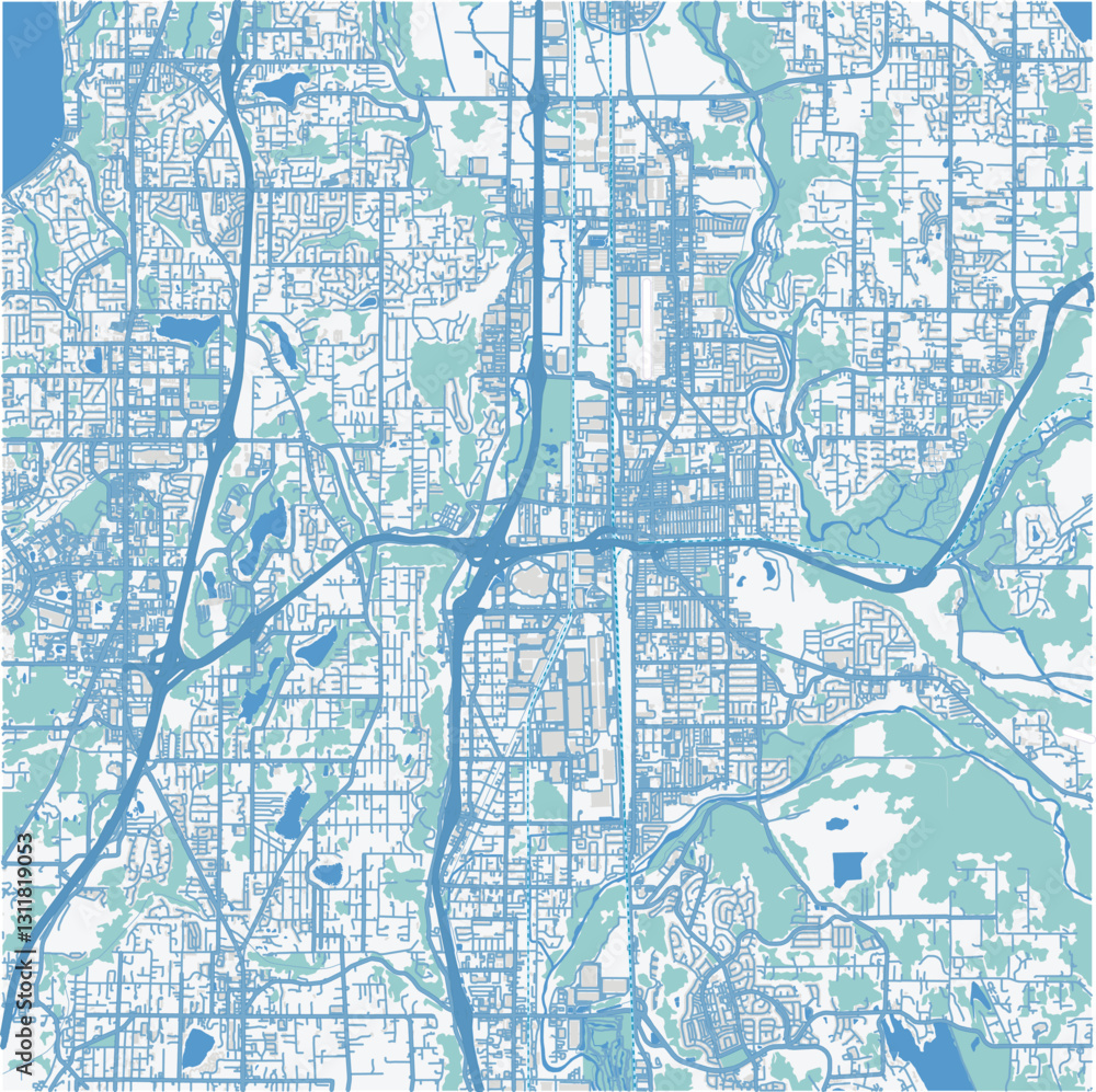 Obraz premium Map of Auburn in Washington in a professional blue style. Contains layered vector with roads water, parks, etc.