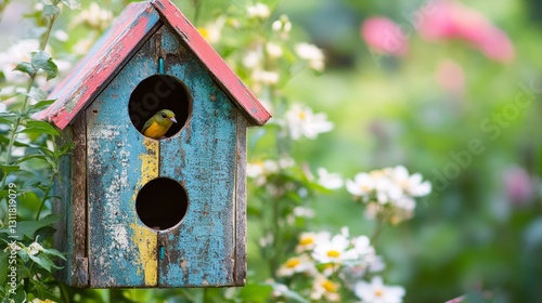 Bird inside a weathered birdhouse with flowers background
