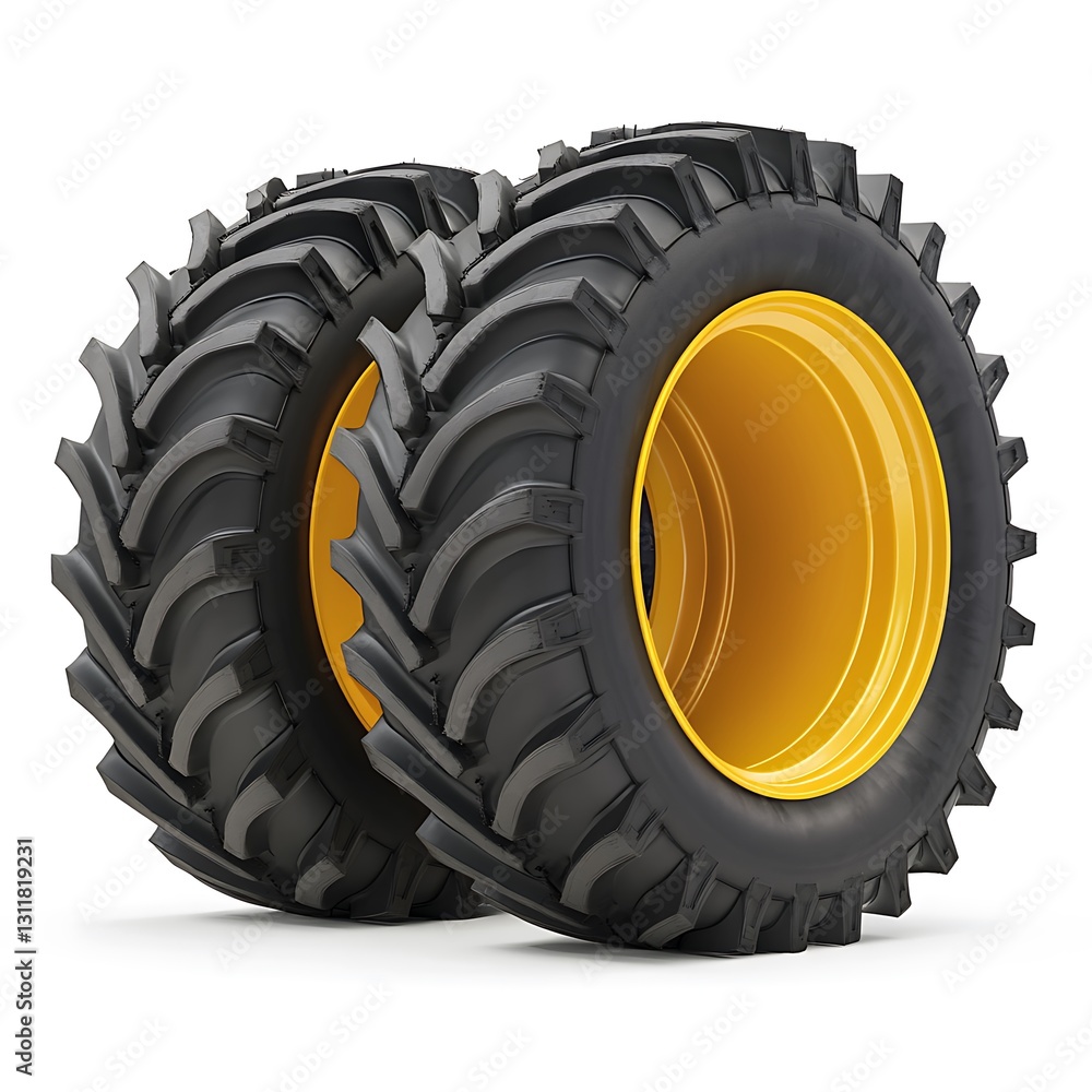 Powerful Tractor Tires with Yellow Rims 3D Render of Agricultural Wheels Powerful Tractor Tires with Yellow Rims 3D Render of Agricultural Wheels