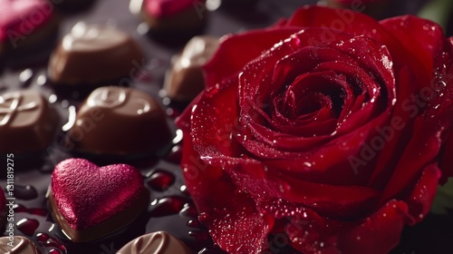 Romantic Red Rose with Chocolate Heart Candies, Elegant Valentines Gift Concept