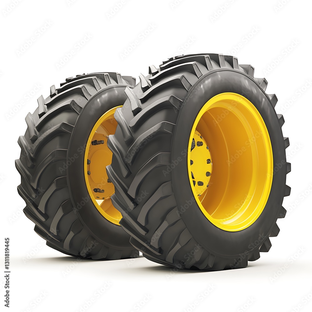 Powerful Agricultural Tractor Tires with Yellow Rims 3D Render Powerful Agricultural Tractor Tires with Yellow Rims 3D Render