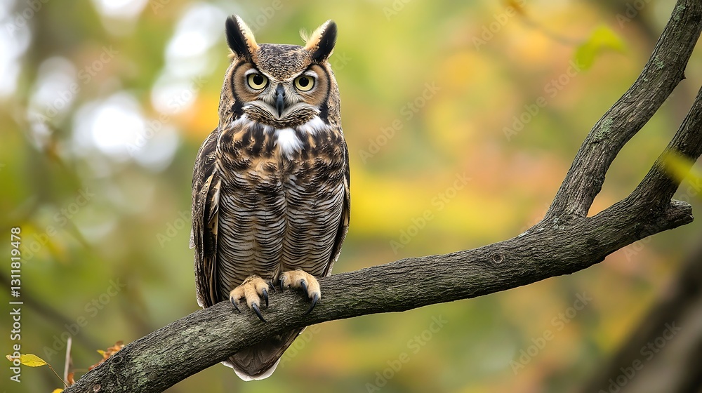 Majestic owl perched on a branch in a vibrant forest Majestic owl perched on a branch in a vibrant forest