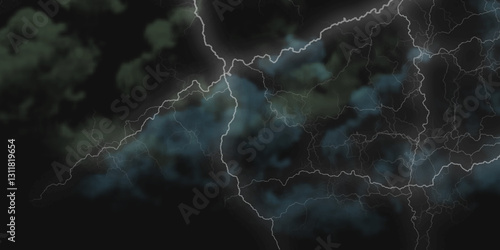 Fork lightning striking down during summer storm. Lightning, thunder cloud dark cloudy sky.