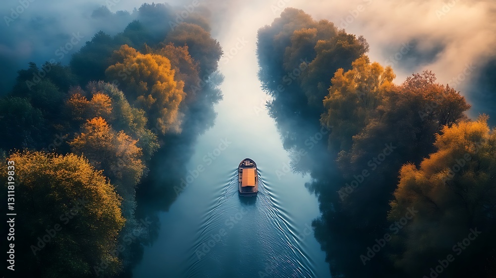 Fototapeta premium A lone boat navigates a misty river channel, flanked by vibrant autumn foliage.