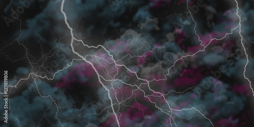 Fork lightning striking down during summer storm. Lightning, thunder cloud dark cloudy sky.