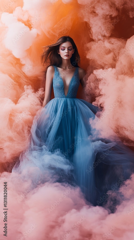 A powerful yet graceful visual of a woman in a shimmering blue gown, immersed in a dramatic setting of swirling orange mist, evoking strength and dreamlike wonder.. AI Generation A powerful yet graceful visual of a woman in a shimmering blue gown, immersed in a dramatic setting of swirling orange mist, evoking strength and dreamlike wonder.. AI Generation