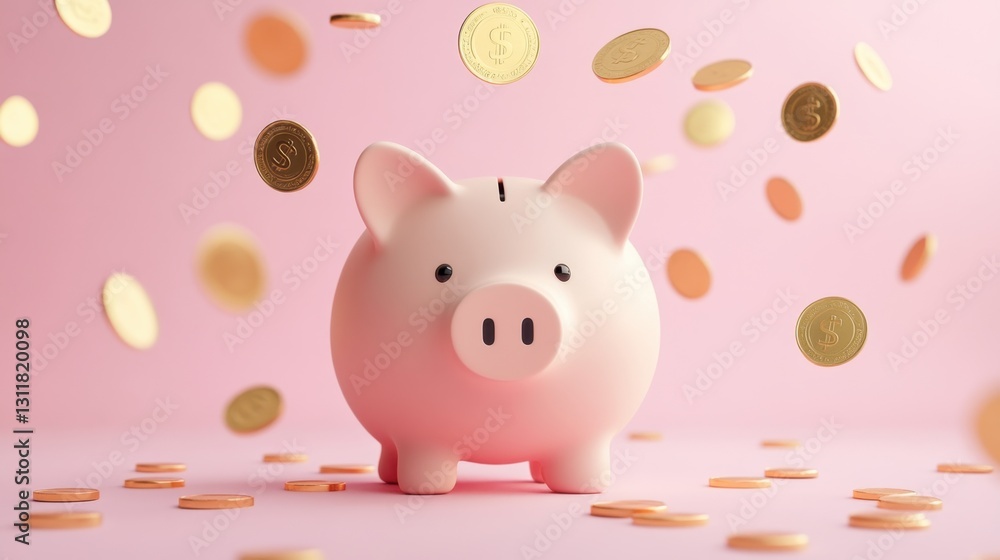 Cute piggy bank surrounded by falling golden coins on a soft pink background, representing savings and financial growth in a playful and vibrant way Cute piggy bank surrounded by falling golden coins on a soft pink background, representing savings and financial growth in a playful and vibrant way