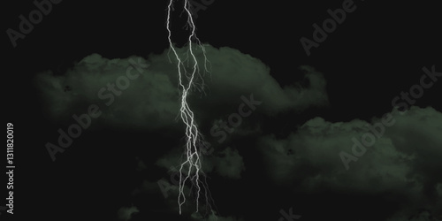 Fork lightning striking down during summer storm. Lightning, thunder cloud dark cloudy sky.