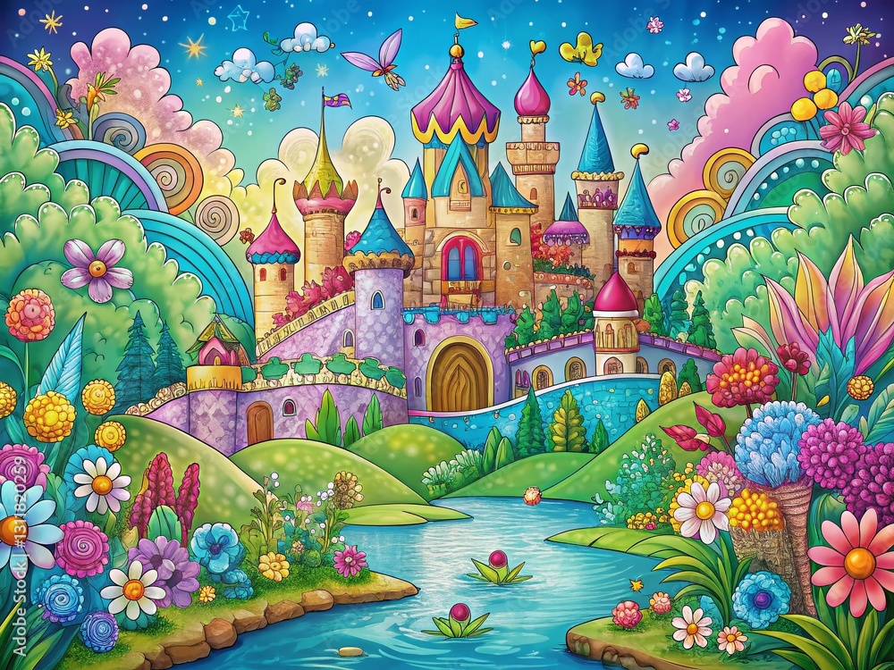 Whimsical Castle Backdrop for Mother's Day: Fantasy Kingdom Doodle Art Whimsical Castle Backdrop for Mother's Day: Fantasy Kingdom Doodle Art