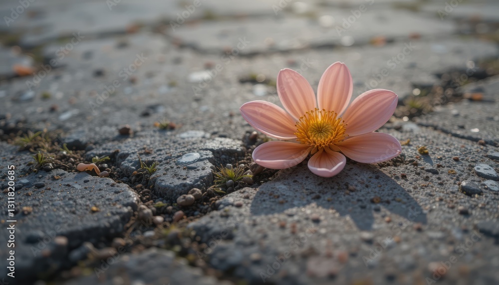 Beautiful Pink Flower Blooming from Cracked Pavement in Urban Environment during Golden Hour Lighting Beautiful Pink Flower Blooming from Cracked Pavement in Urban Environment during Golden Hour Lighting
