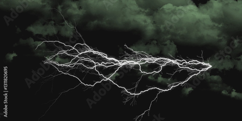 Fork lightning striking down during summer storm. Lightning, thunder cloud dark cloudy sky.