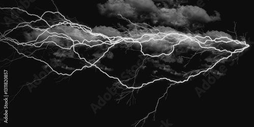 Fork lightning striking down during summer storm. Lightning, thunder cloud dark cloudy sky.