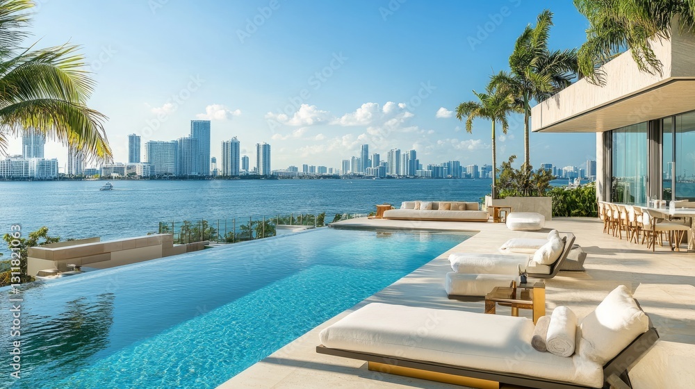Obraz premium Luxury outdoor living at a Miami villa, featuring an infinity pool, modern seating, and a breathtaking tropical landscape