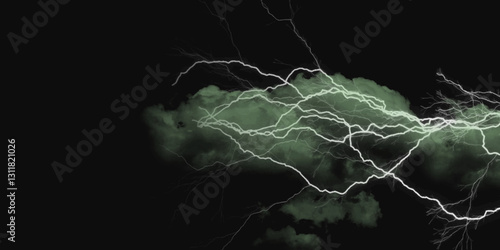 Fork lightning striking down during summer storm. Lightning, thunder cloud dark cloudy sky.