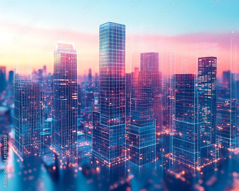 Fototapeta premium Wireframe city skyline at sunset.