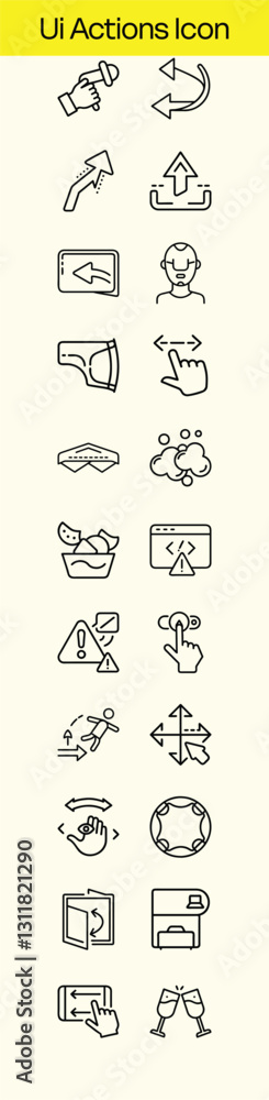 A collection of line art icons depicting various hand gestures, directional arrows, and UI elements for user interface design. Includes swipe, zoom, and other interaction symbols.