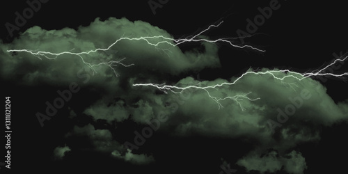 Fork lightning striking down during summer storm. Lightning, thunder cloud dark cloudy sky.