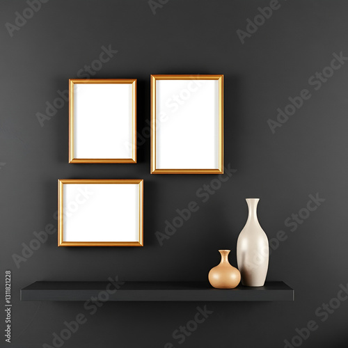 A dark textured wall adorned with four square frames and two decorative vases on a ledge, creating a balanced visual of classic and modern artistic elements.